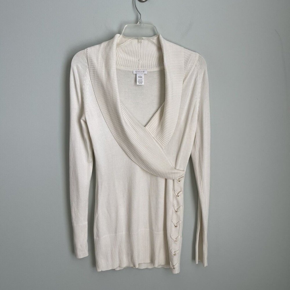 Cache Ivory Long Sleeve V-Neck Sweater Tunic Grommet Detail
